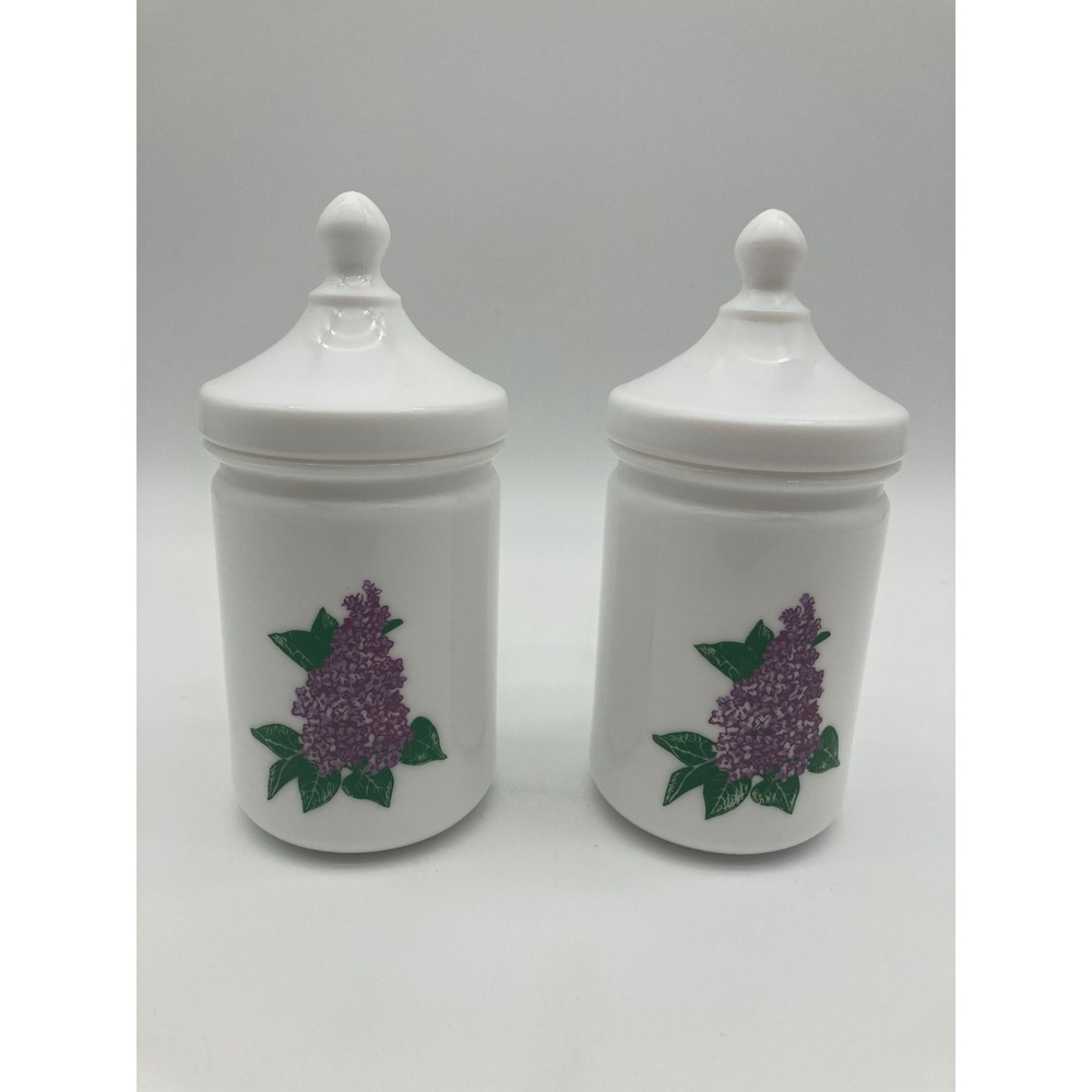 Vintage White Milk Glass Apothecary Jars Lidded Spice Canisters France Lilac 2